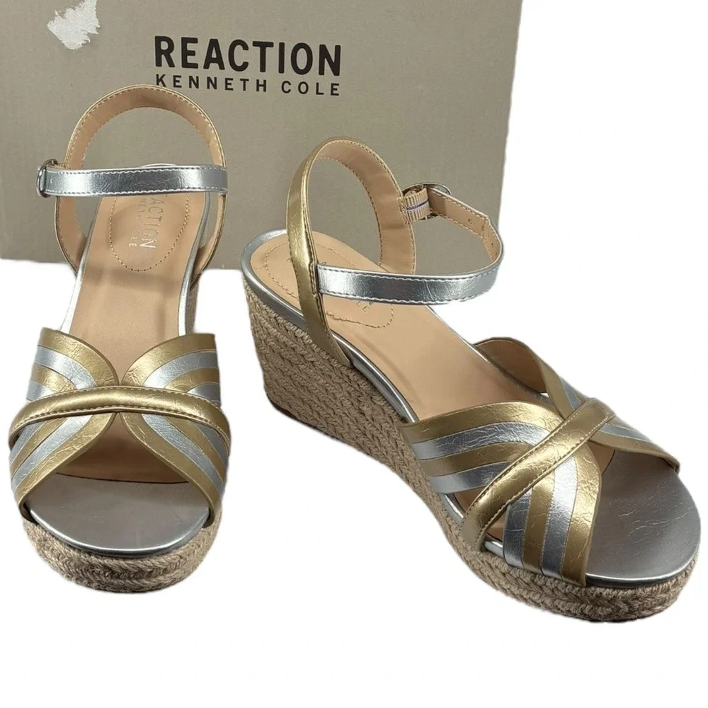 Kenneth Cole Reaction Comi Wedge Espadrille Sandals Gold Silver‎ 5.5M NIB